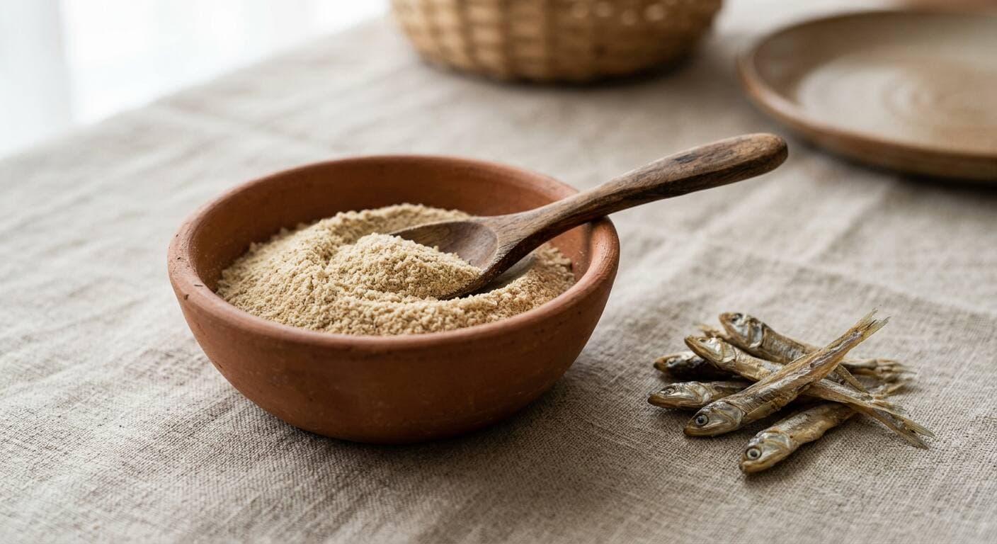 Fine fish powder in a clay bowl with dried anchovies beside it