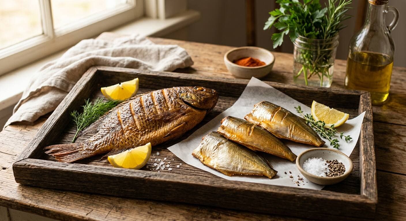 Golden-brown smoked fish arranged on a wooden tray