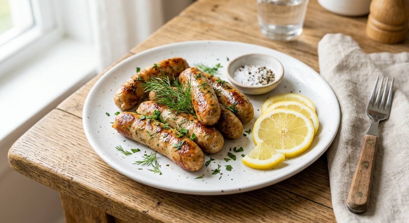 Cooked fish sausages on a white plate with lemon slices