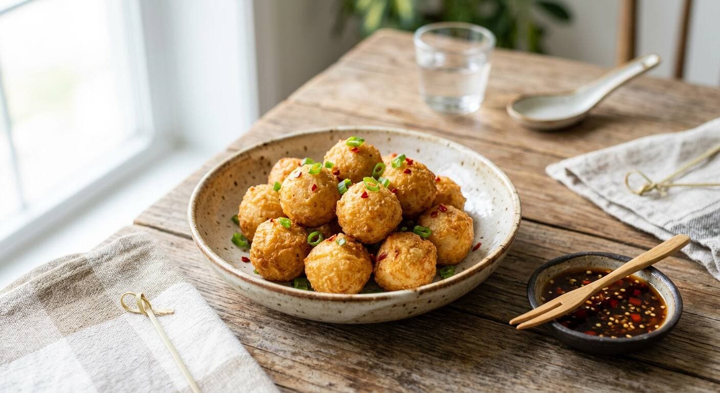 Golden fried fishballs in a shallow bowl