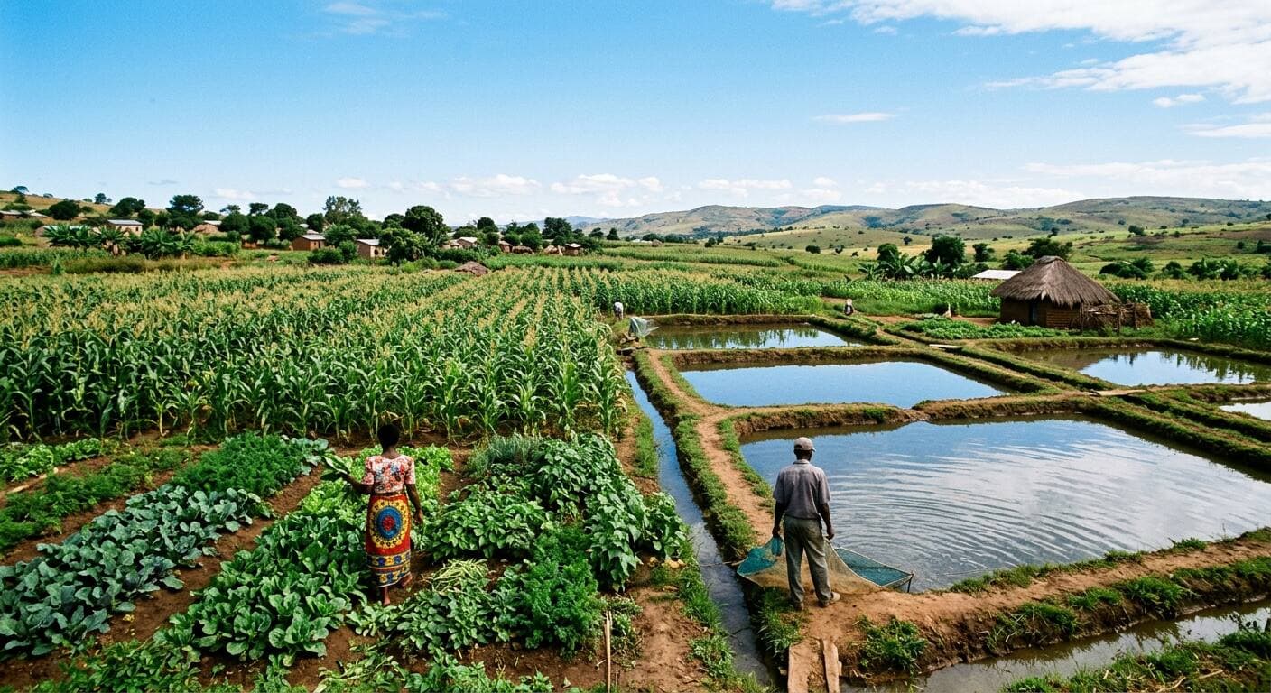 Rural fish ponds beside vegetable gardens and maize fields