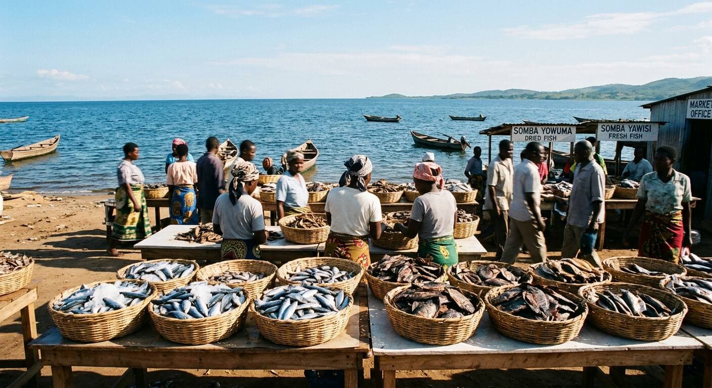 A lakeshore fish market with baskets of dried and fresh fish